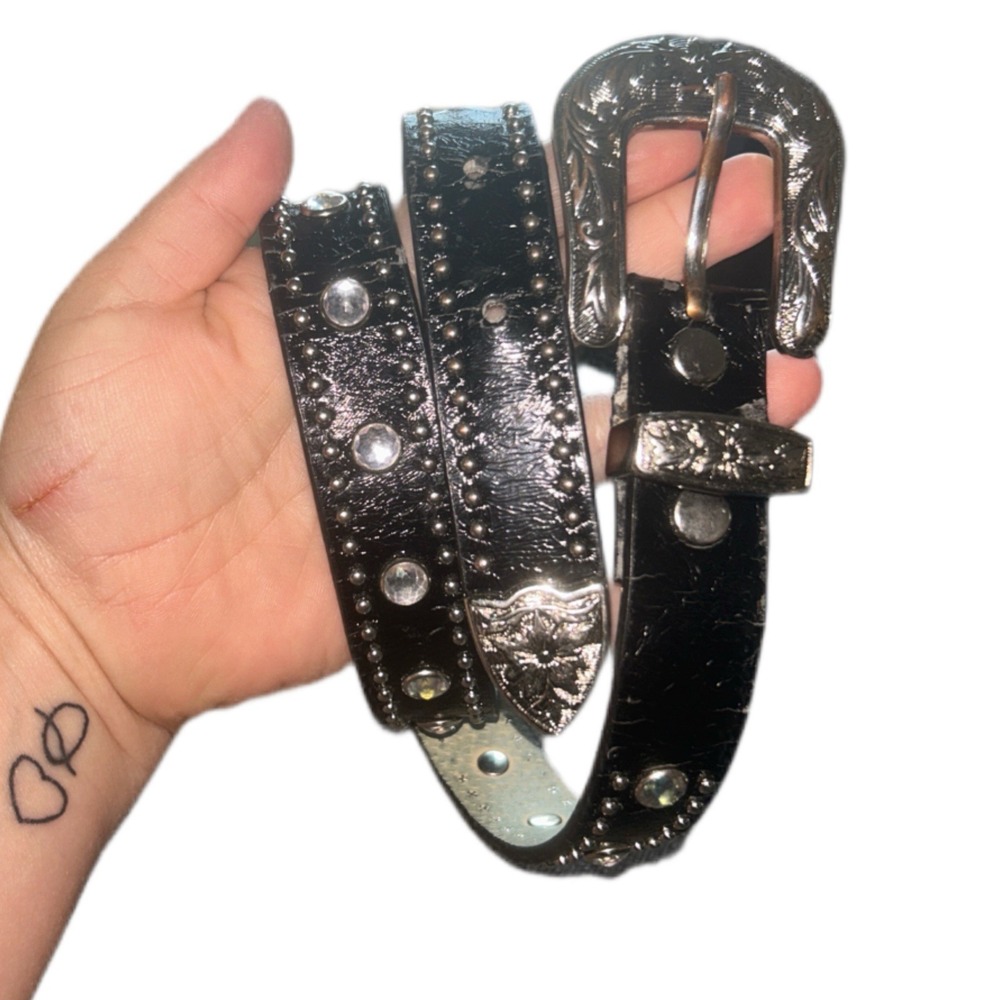 Vintage Black Studded Western Belt Snap On Interchangeable Buckle Size M ~29in L